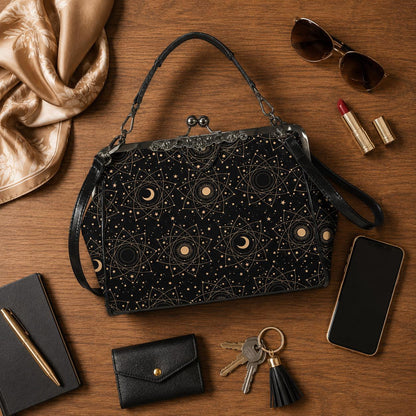 Celestial kisslock bag, moon and stars print, witchy astrology handbag