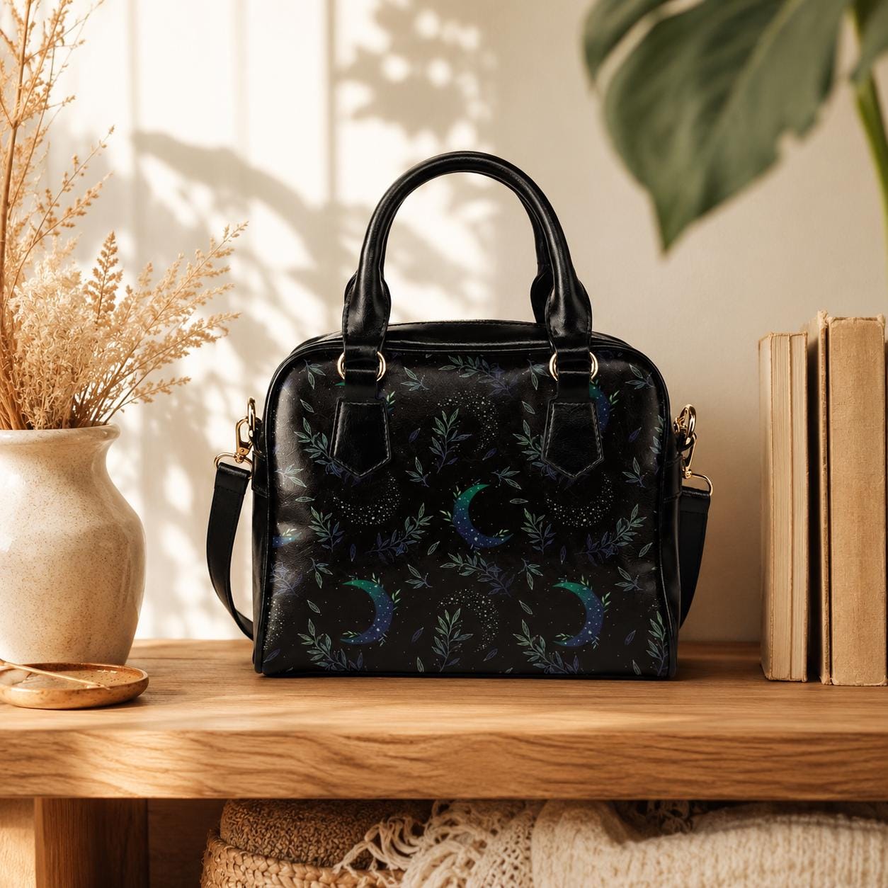 Moon & Foliage Satchel Bag: Celestial Crossbody Purse, Witchy Lunar Handbag