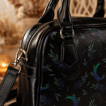 Moon & Foliage Satchel Bag: Celestial Crossbody Purse, Witchy Lunar Handbag