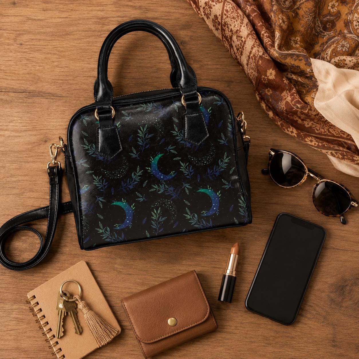 Moon & Foliage Satchel Bag: Celestial Crossbody Purse, Witchy Lunar Handbag