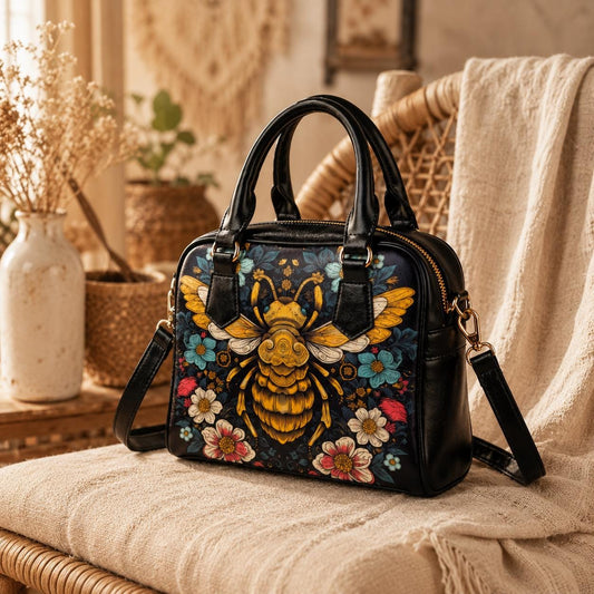Bee Handbag Floral Satchel Purse, Botanical Crossbody Bag for Nature Lovers