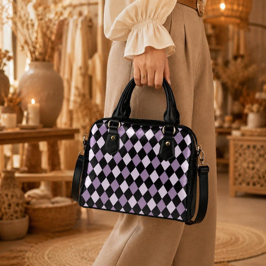 Purple Harlequin Satchel Bag, Vegan Leather Crossbody, Gothic Checkered Tote