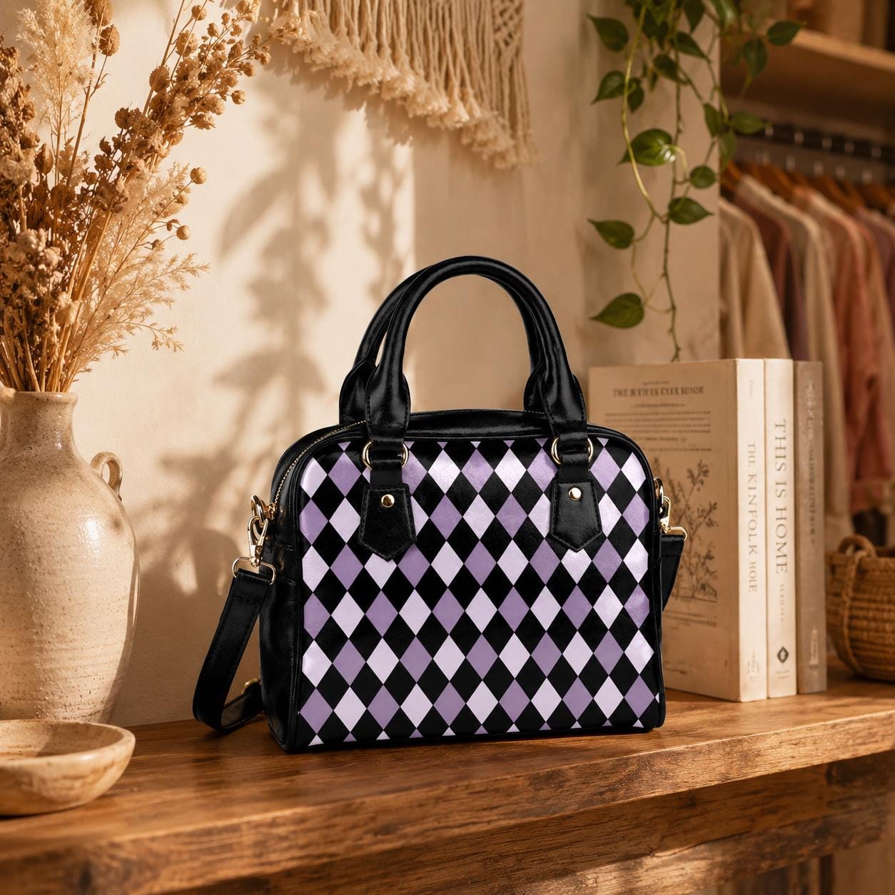 Purple Harlequin Satchel Bag, Vegan Leather Crossbody, Gothic Checkered Tote