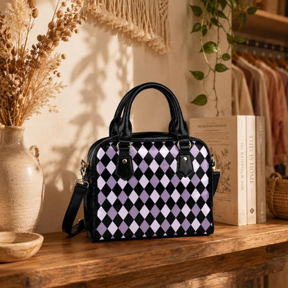 Purple Harlequin Satchel Bag, Vegan Leather Crossbody, Gothic Checkered Tote