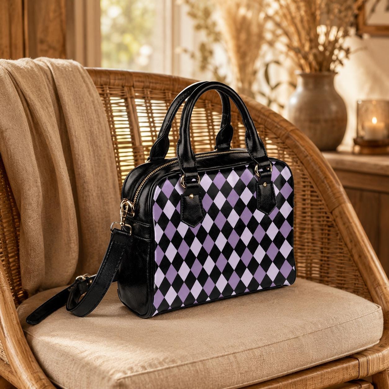 Purple Harlequin Satchel Bag, Vegan Leather Crossbody, Gothic Checkered Tote