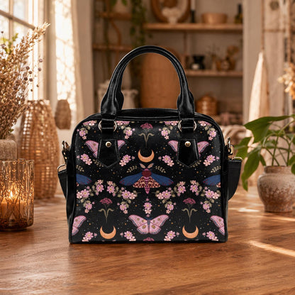 Celestial Moth Purse, Moon Phase Satchel Bag, Witchy Floral Handbag