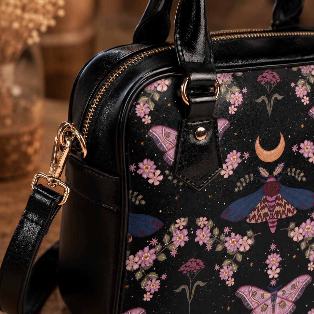 Celestial Moth Purse, Moon Phase Satchel Bag, Witchy Floral Handbag