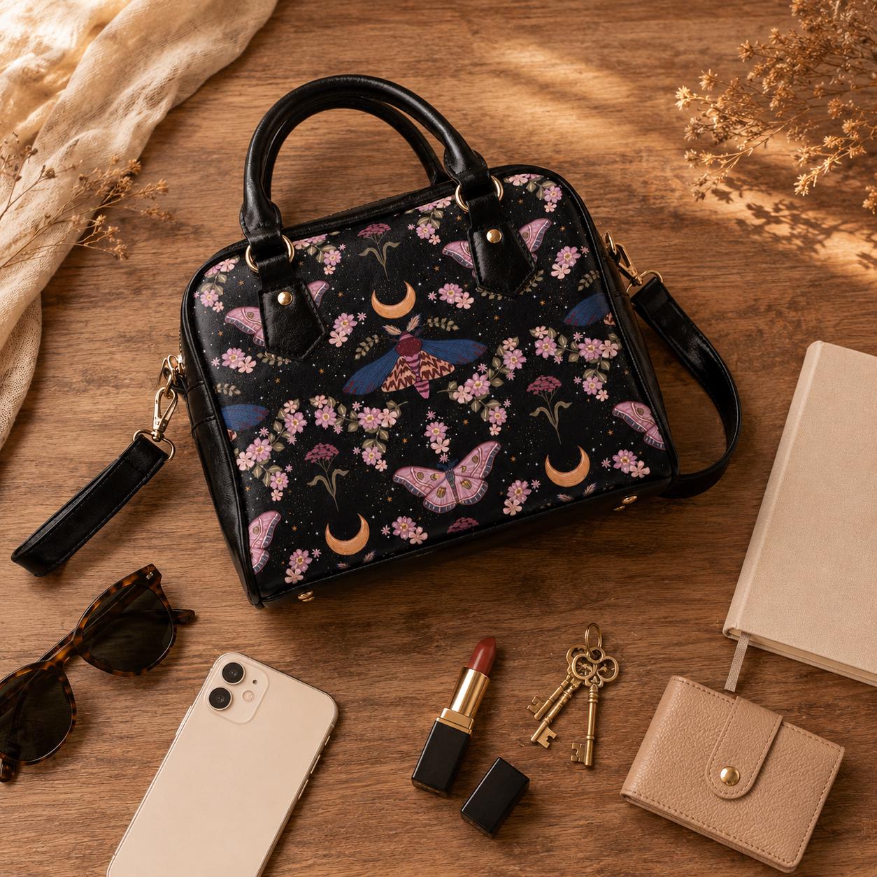 Celestial Moth Purse, Moon Phase Satchel Bag, Witchy Floral Handbag