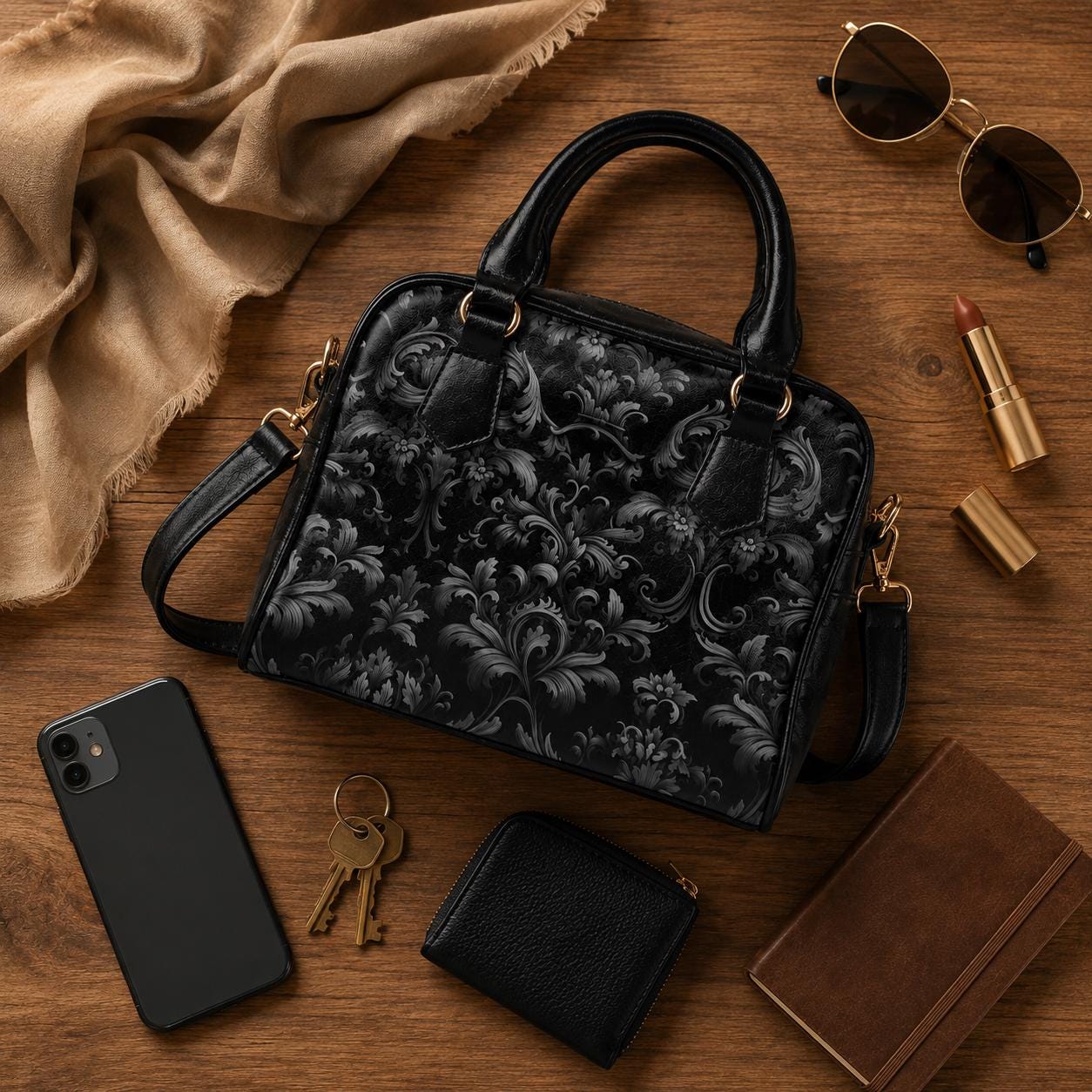 Baroque Black Satchel Bag, Victorian Gothic Faux Leather Handbag, Dark Gothic Purse