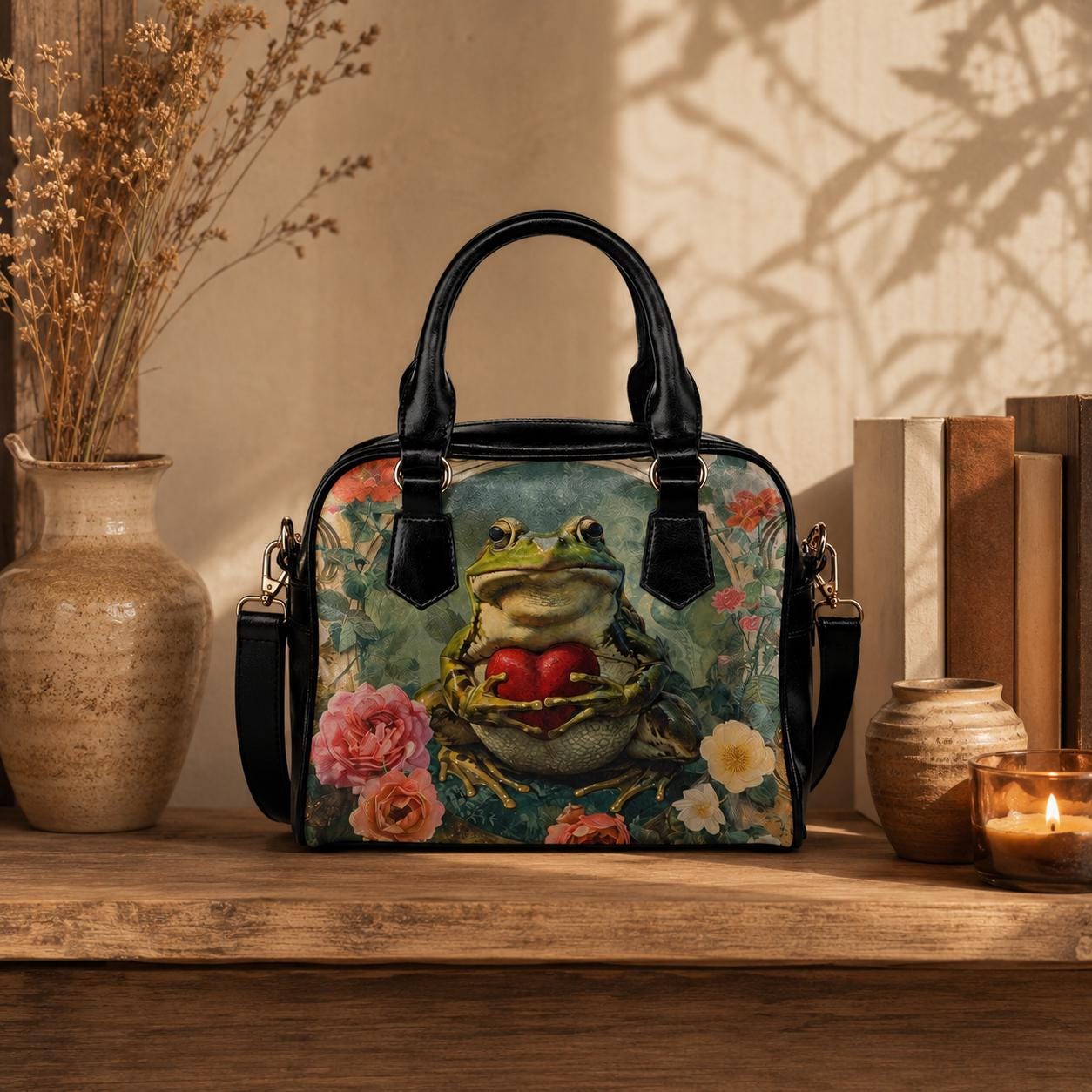 Frog Purse Floral Satchel Bag, Cottagecore Handbag for Frog Lover, Botanical Gift for Her