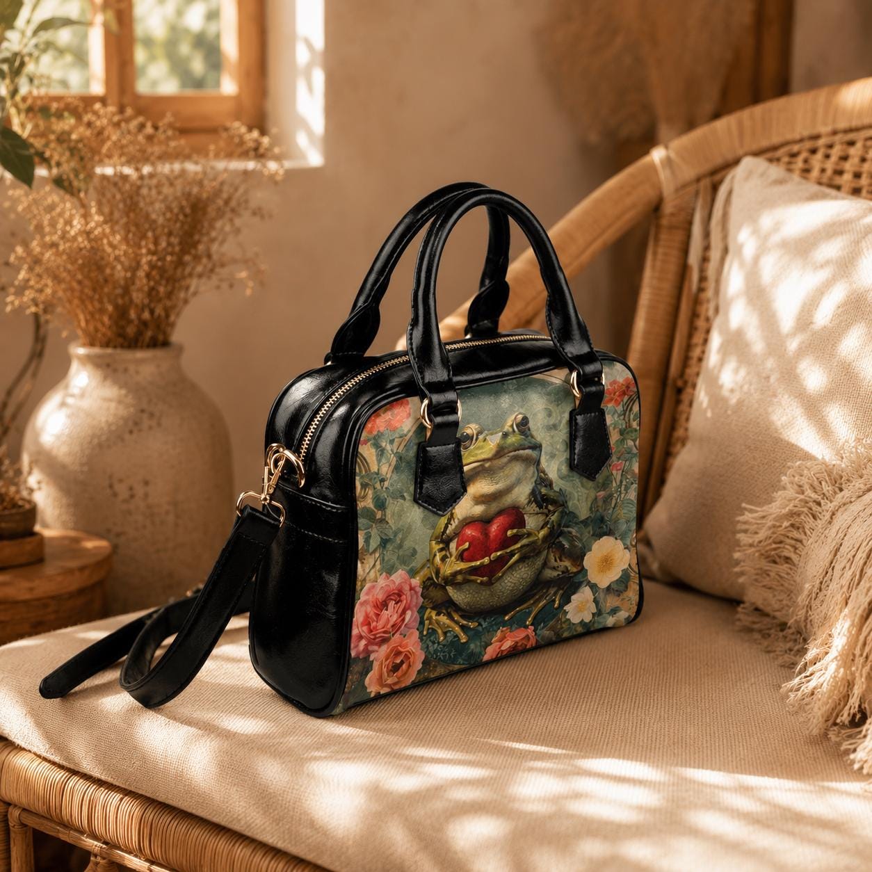 Frog Purse Floral Satchel Bag, Cottagecore Handbag for Frog Lover, Botanical Gift for Her