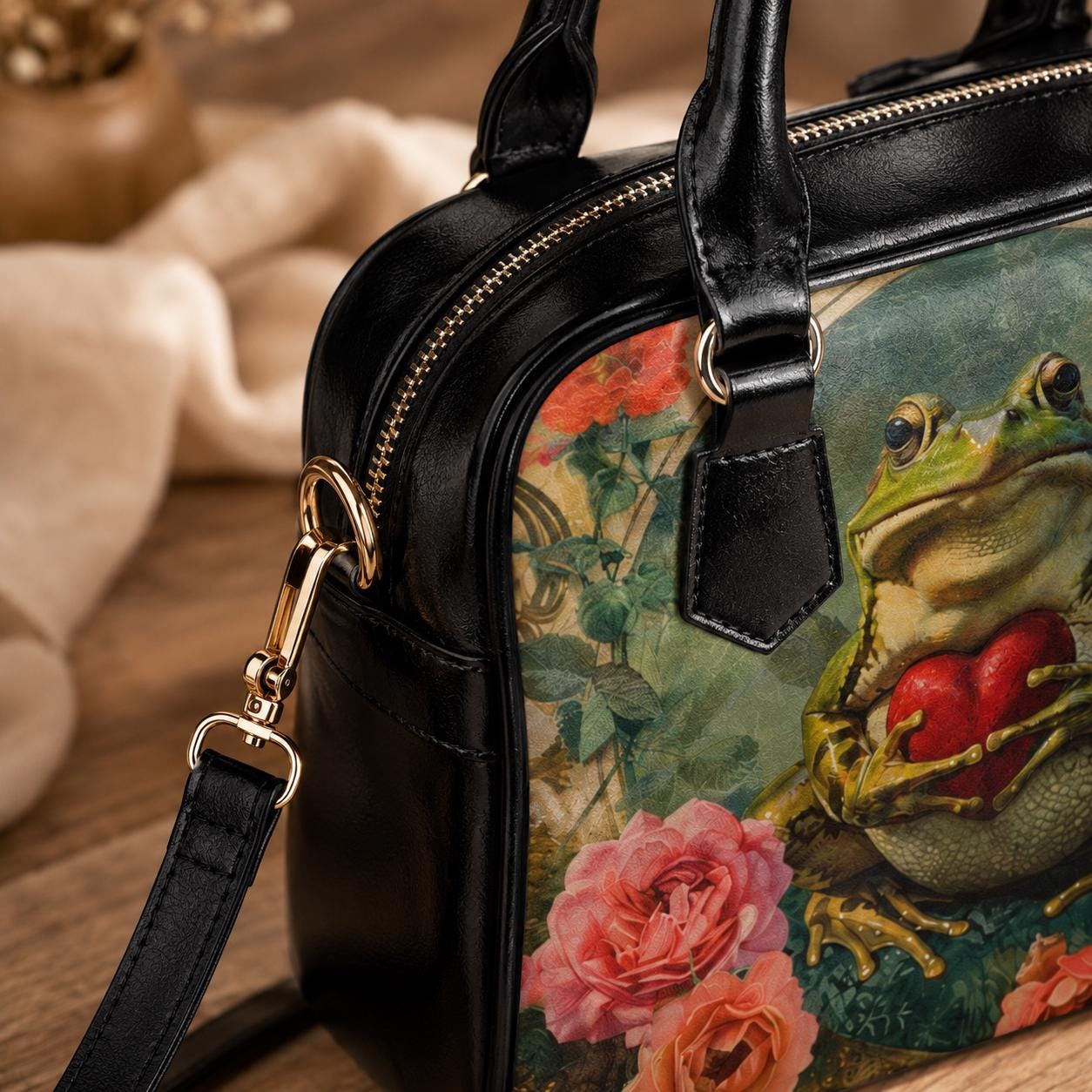 Frog Purse Floral Satchel Bag, Cottagecore Handbag for Frog Lover, Botanical Gift for Her