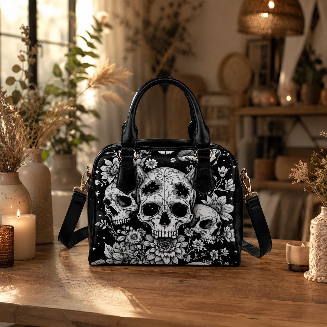 Skull Floral Handbag, Witchy Crossbody Satchel, Occult Fashion, Botanical Skull Tote, Dark Academia Bag
