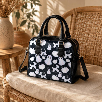 Monochrome Ghost Handbag, Black White Pumpkin Purse, Minimal Spooky Bowler Bag