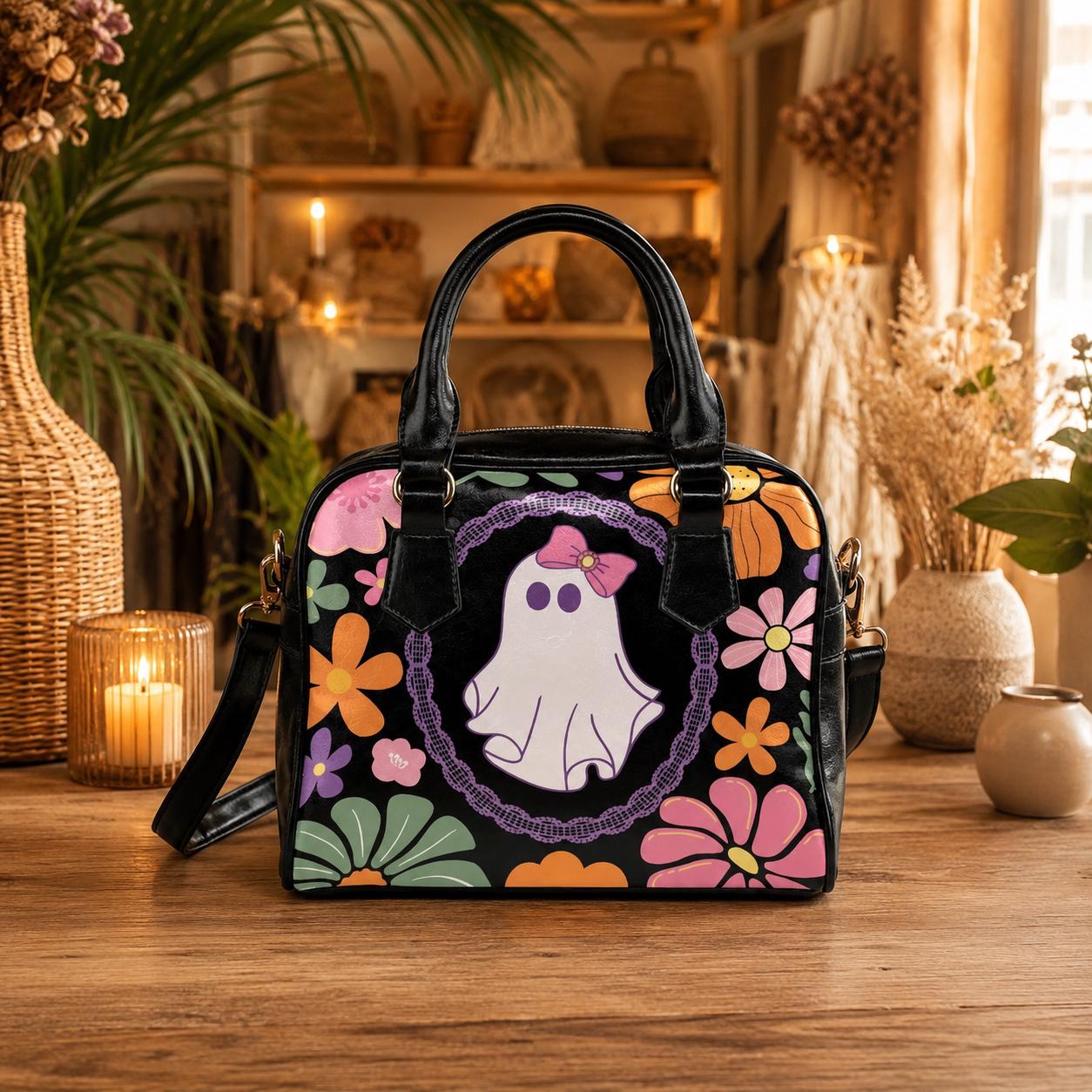 Groovy Ghost Purse with Floral Print, Retro Halloween Shoulder Bag, Cute Fall Handbag