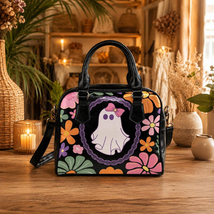 Groovy Ghost Purse with Floral Print, Retro Halloween Shoulder Bag, Cute Fall Handbag