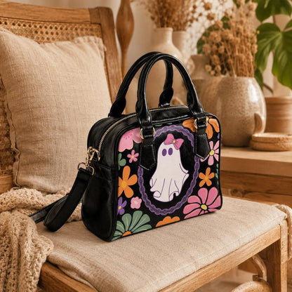 Groovy Ghost Purse with Floral Print, Retro Halloween Shoulder Bag, Cute Fall Handbag