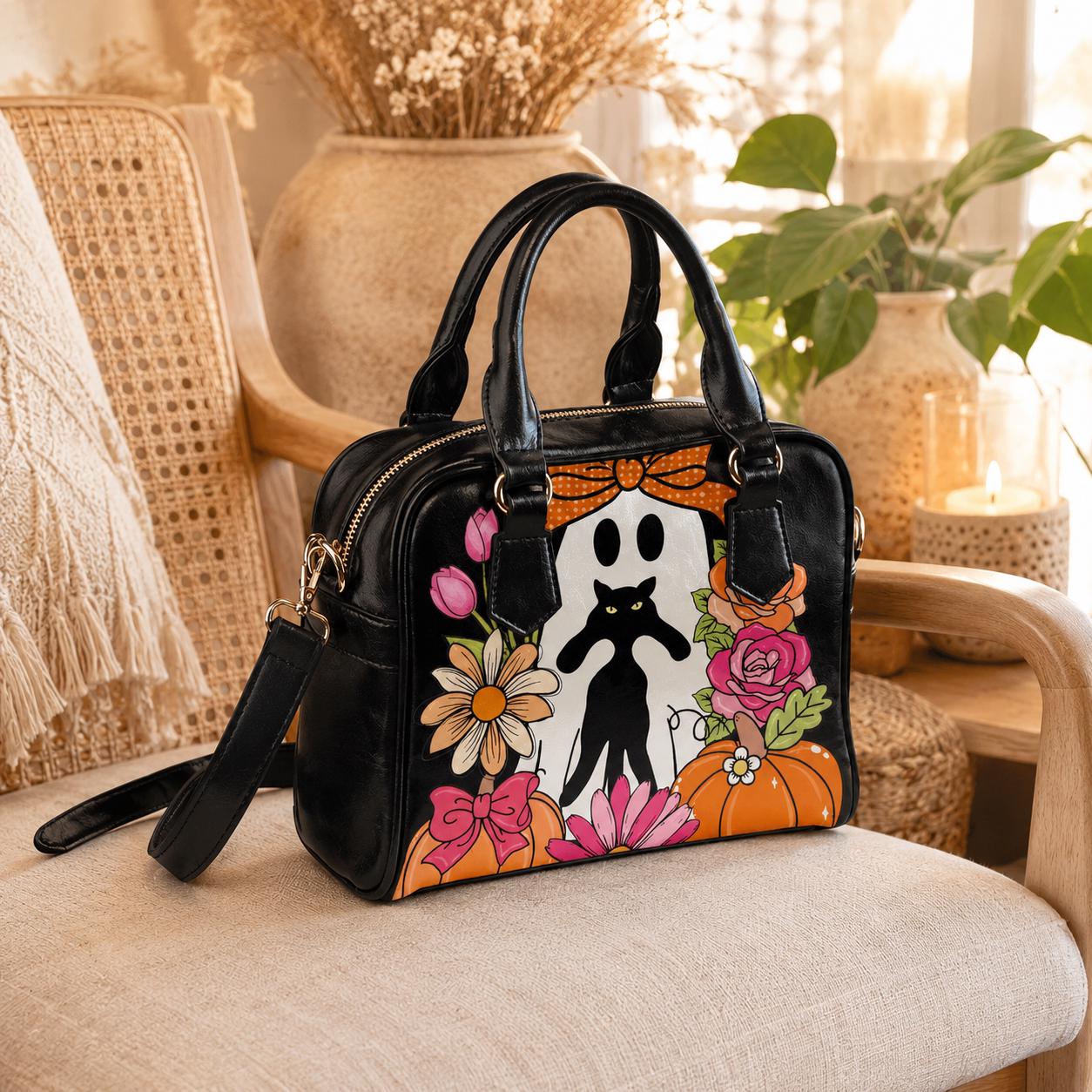 Halloween Ghost Cat Handbag, Floral Pumpkin Purse, Spooky Cute Bowler Bag
