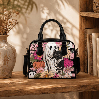 Cute Ghost Handbag, Black Cat Satchel Purse, Floral Halloween Bag, Pumpkin Crossbody