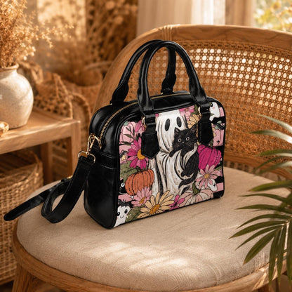 Cute Ghost Handbag, Black Cat Satchel Purse, Floral Halloween Bag, Pumpkin Crossbody