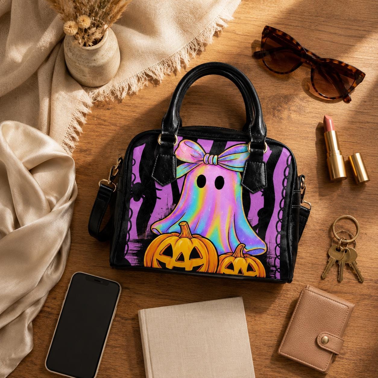 Halloween Ghost Satchel Purse, Pumpkin Bowler Bag, Pastel Spooky Top Handle Handbag
