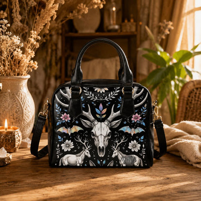Woodland Fantasy Satchel with Antler Skull, Mystic Forest Purse, Folk Floral Handbag