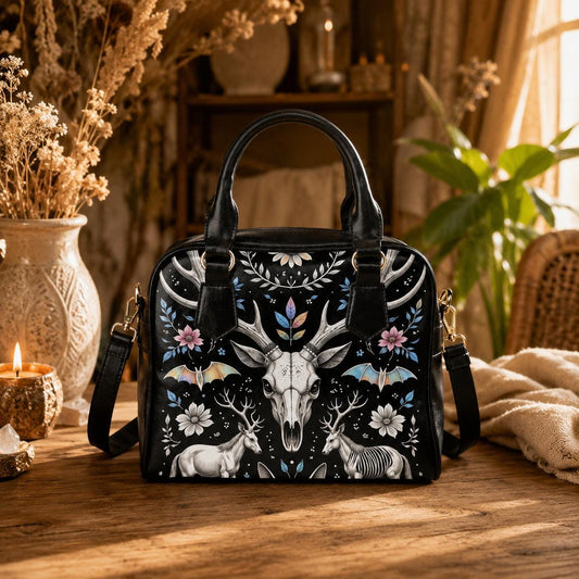 Woodland Fantasy Satchel with Antler Skull, Mystic Forest Purse, Folk Floral Handbag