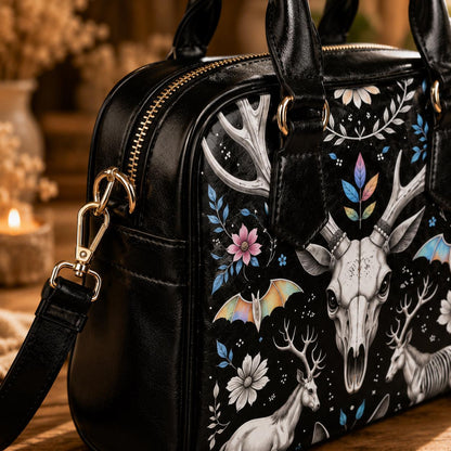 Woodland Fantasy Satchel with Antler Skull, Mystic Forest Purse, Folk Floral Handbag