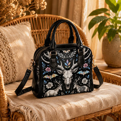 Woodland Fantasy Satchel with Antler Skull, Mystic Forest Purse, Folk Floral Handbag