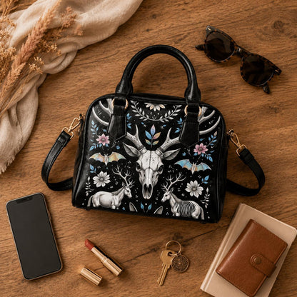 Woodland Fantasy Satchel with Antler Skull, Mystic Forest Purse, Folk Floral Handbag
