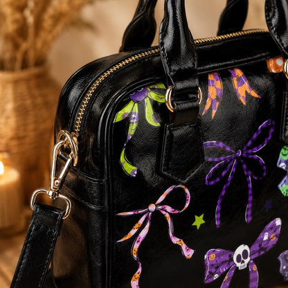 Halloween Bow Purse, Spooky Ribbon Handbag, Goth Skull Satchel, Dark Coquette Bag