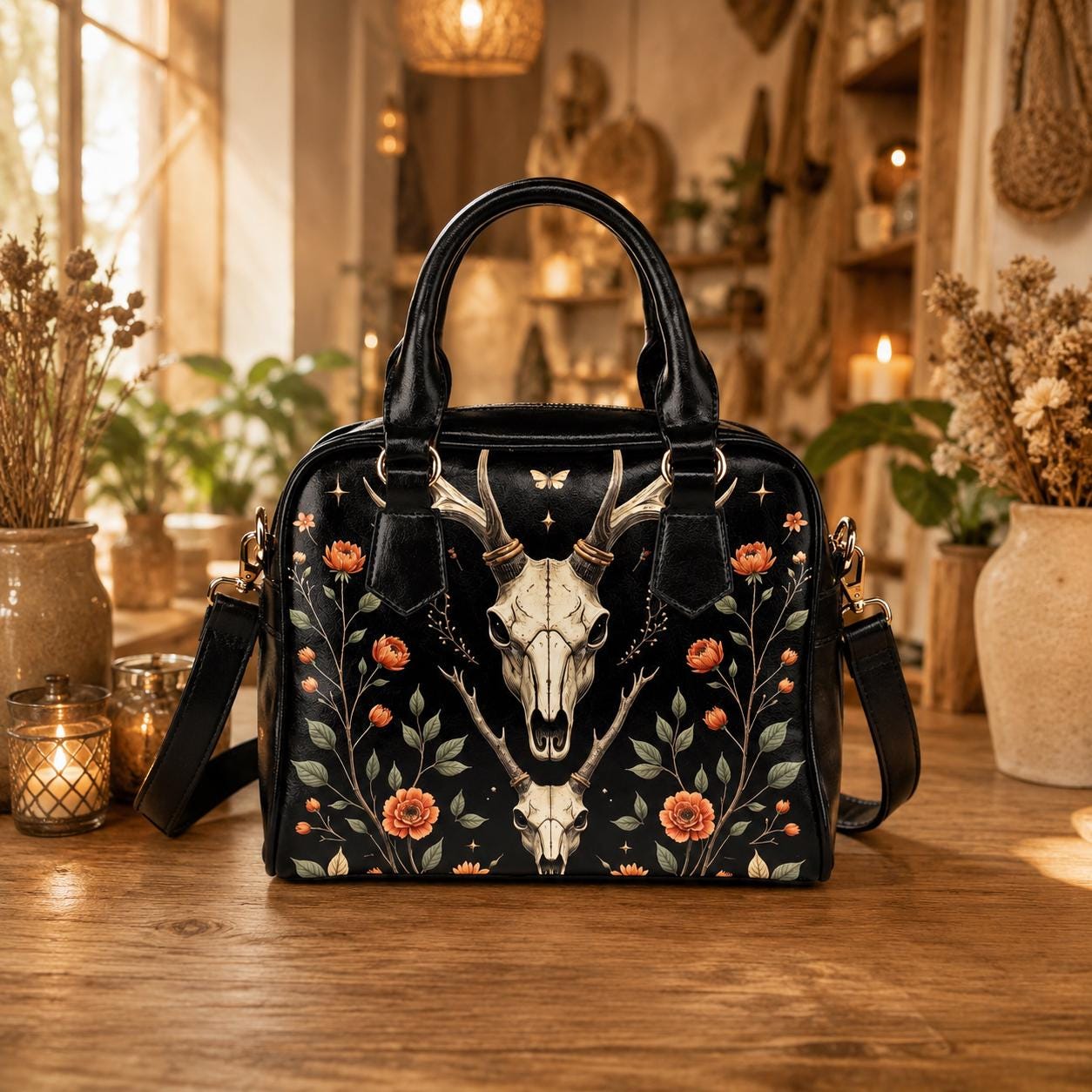 Gothic Satchel Purse with Deer Skull, Dark Floral Handbag, Witchy Shoulder Bag