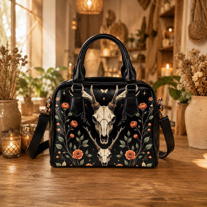 Gothic Satchel Purse with Deer Skull, Dark Floral Handbag, Witchy Shoulder Bag