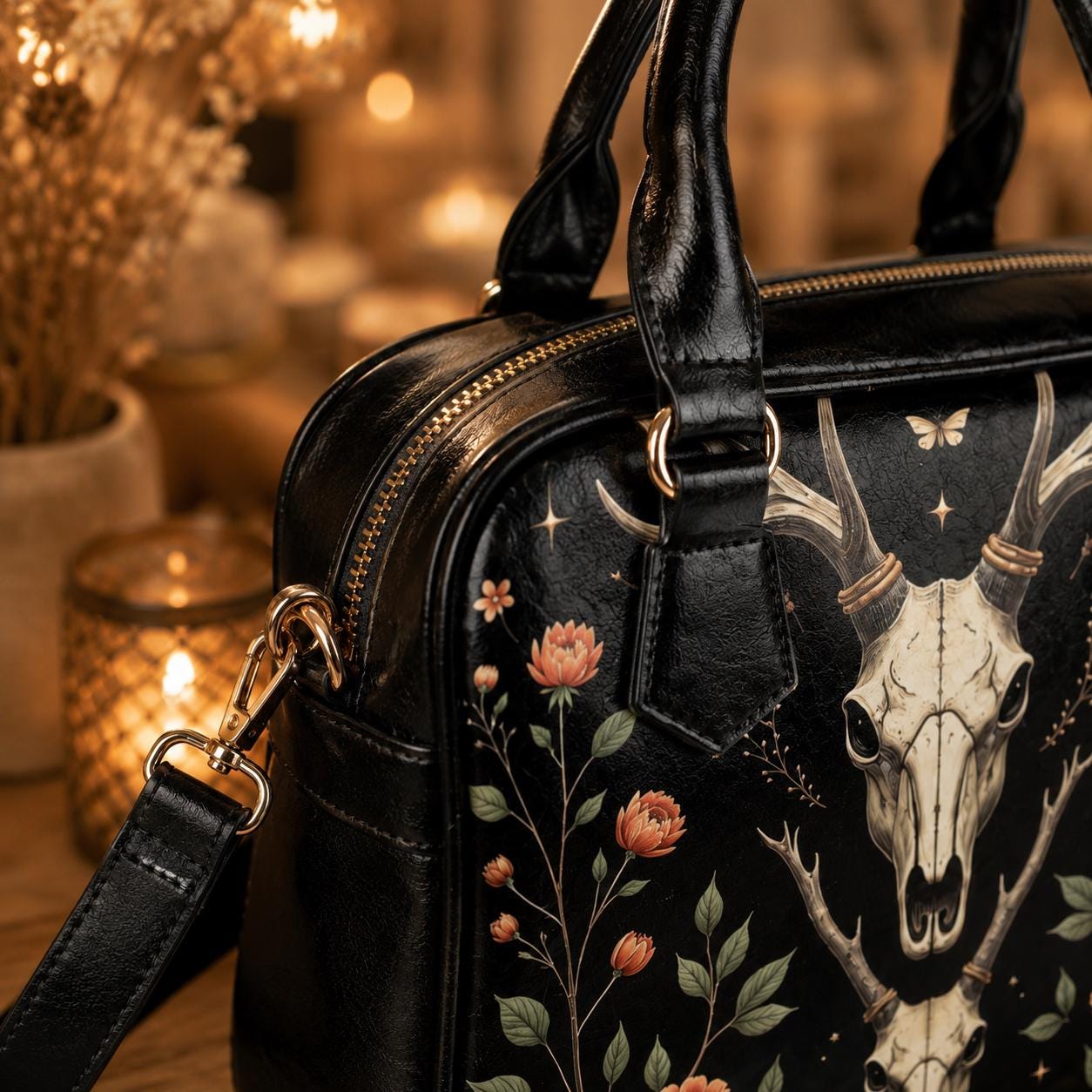 Gothic Satchel Purse with Deer Skull, Dark Floral Handbag, Witchy Shoulder Bag