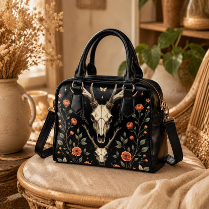 Gothic Satchel Purse with Deer Skull, Dark Floral Handbag, Witchy Shoulder Bag