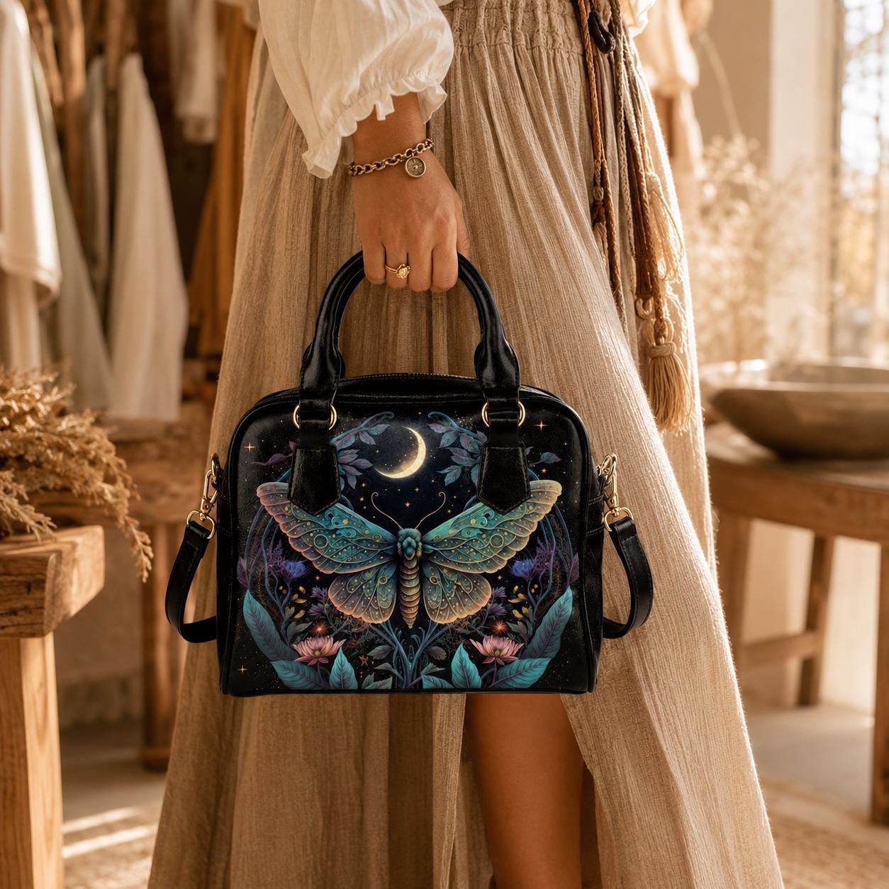 Celestial moth moon handbag, witchy astrology crossbody bag, mystical travel tote, enchanted everyday purse