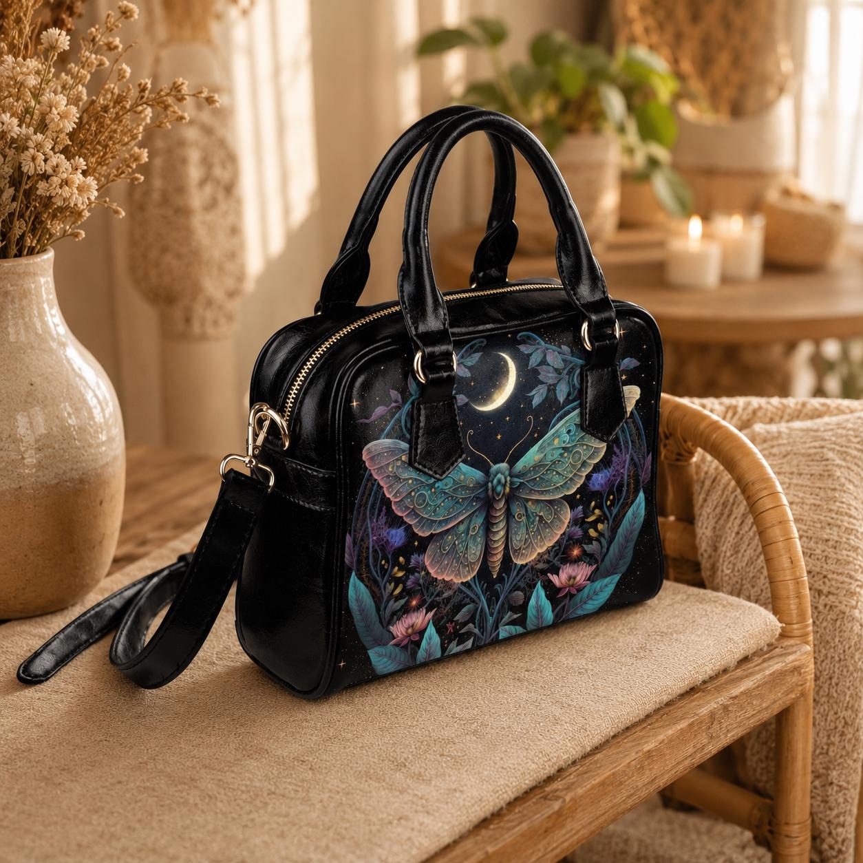 Celestial moth moon handbag, witchy astrology crossbody bag, mystical travel tote, enchanted everyday purse