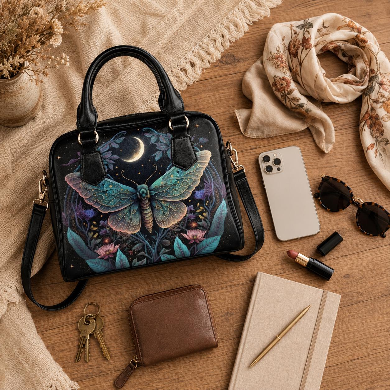 Celestial moth moon handbag, witchy astrology crossbody bag, mystical travel tote, enchanted everyday purse