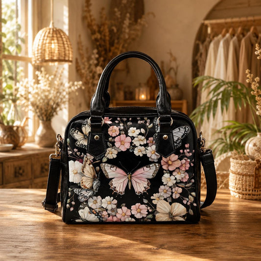 Black Butterfly Floral Satchel Handbag, Romantic Spring Blossom Statement Bag