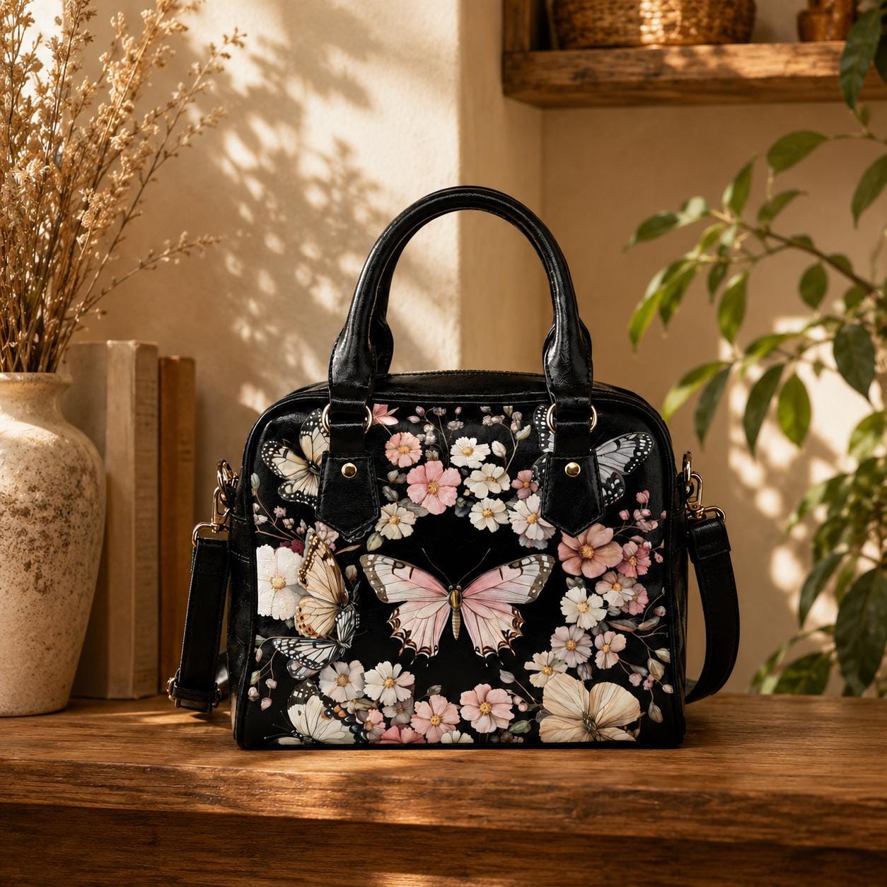 Black Butterfly Floral Satchel Handbag, Romantic Spring Blossom Statement Bag