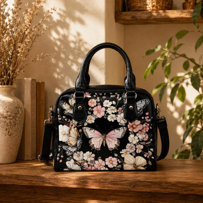 Black Butterfly Floral Satchel Handbag, Romantic Spring Blossom Statement Bag