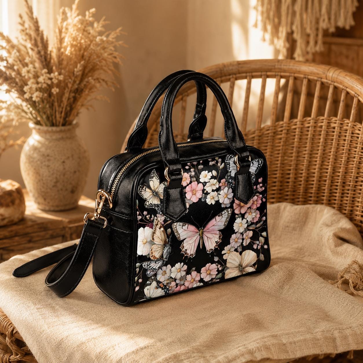 Black Butterfly Floral Satchel Handbag, Romantic Spring Blossom Statement Bag