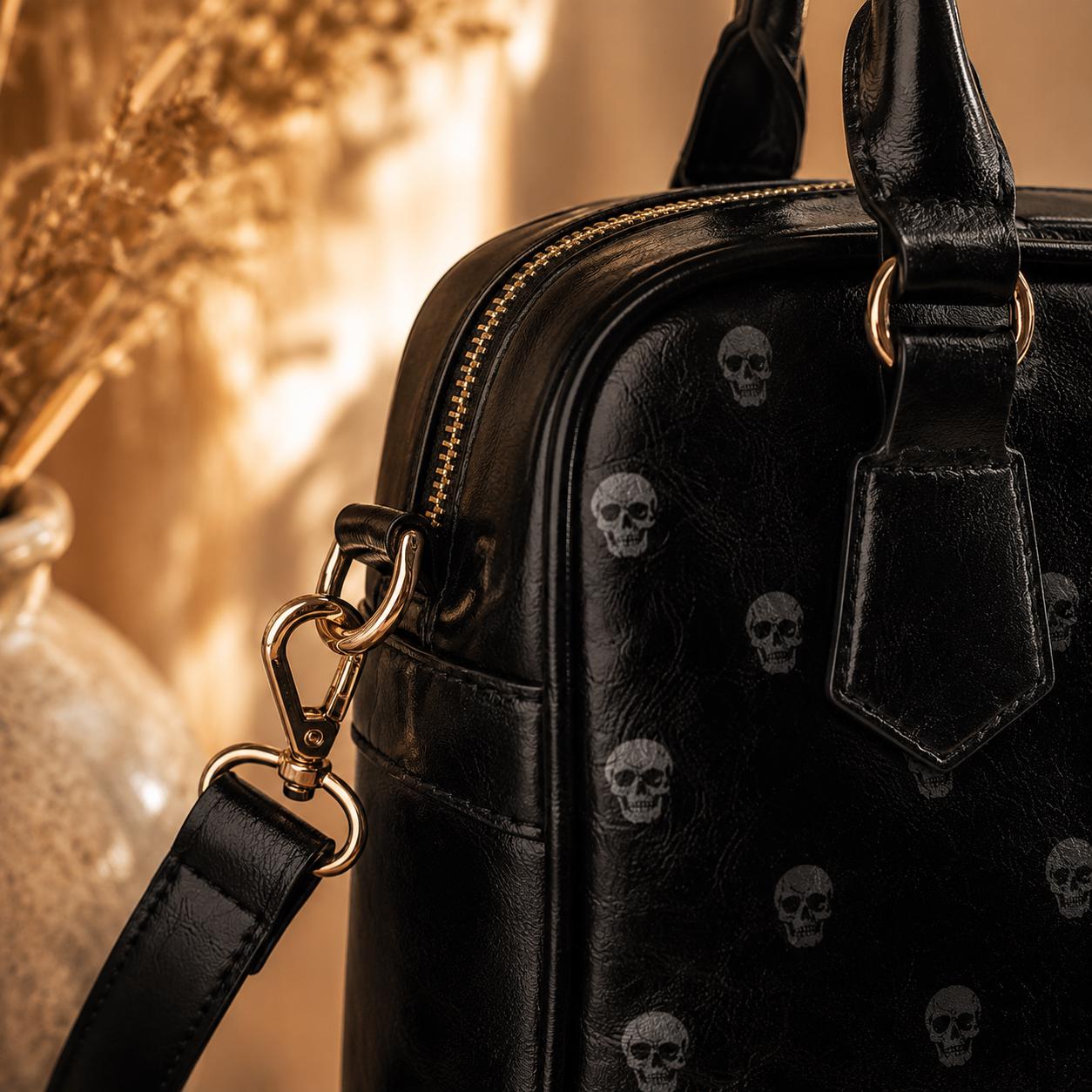 Black Mini Skull Satchel, Dark Fashion Structured Purse, Edgy Handbag