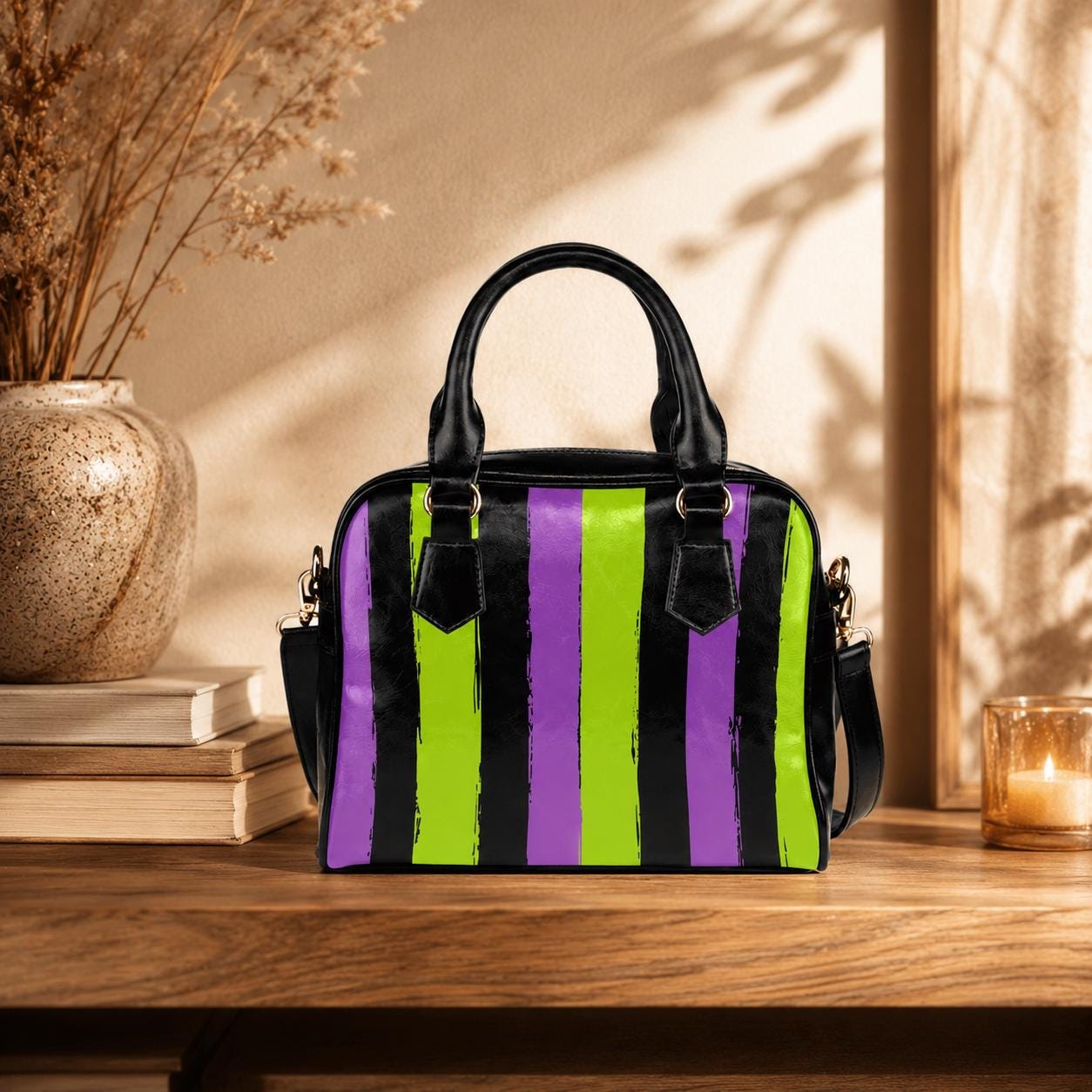 Goth Striped Handbag, Purple Green Top Handle Purse, Spooky Crossbody Satchel