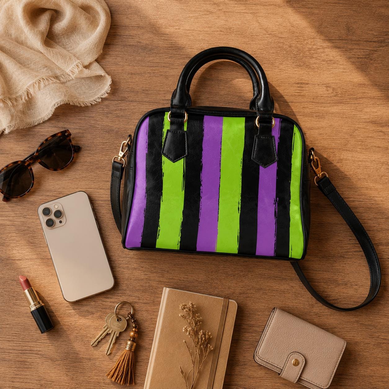Goth Striped Handbag, Purple Green Top Handle Purse, Spooky Crossbody Satchel