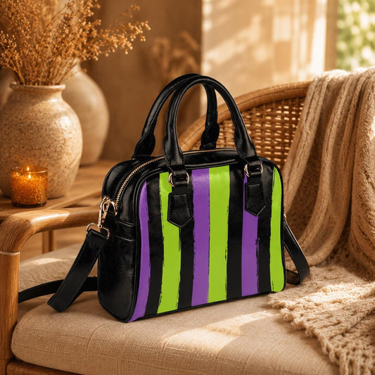 Goth Striped Handbag, Purple Green Top Handle Purse, Spooky Crossbody Satchel