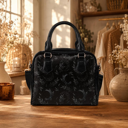 Black Celestial Moon Botanical Satchel, Vegan Leather Handbag, Dark Floral Statement Bag