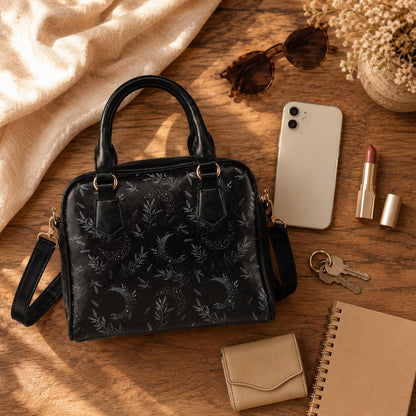 Black Celestial Moon Botanical Satchel, Vegan Leather Handbag, Dark Floral Statement Bag