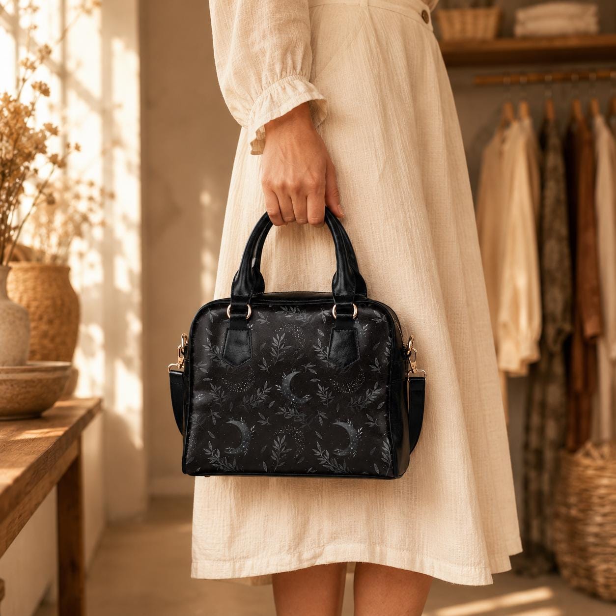 Black Celestial Moon Botanical Satchel, Vegan Leather Handbag, Dark Floral Statement Bag