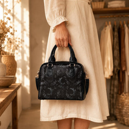 Black Celestial Moon Botanical Satchel, Vegan Leather Handbag, Dark Floral Statement Bag